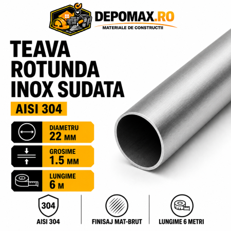 Teava rotunda inox sudata AISI 304, 22 x 1.5 mm, 6 metri